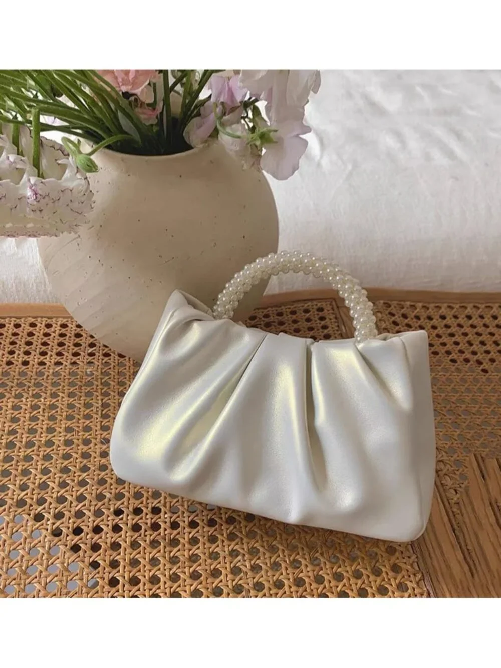 👜Women's White Leather Wedding Party Pearl Elegant Clutch Purse Magnetic Snap